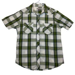 Urban Up Mens Large Green Plaid Western‎ Shirt Short Sleeve Button Up Pearl Snap